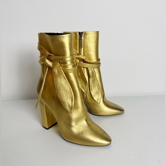 SAINT LAURENT Lou Metallic Gold Leather Ankle-Wrap Boot - Picture 2 of 8